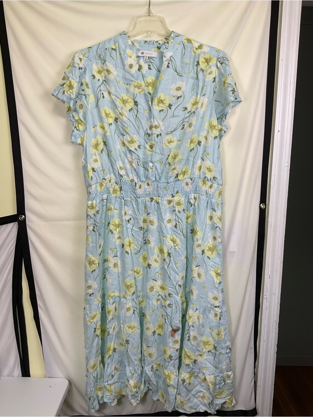Fever Smocked Waist Midi Dress - Blue with Yellow Floral